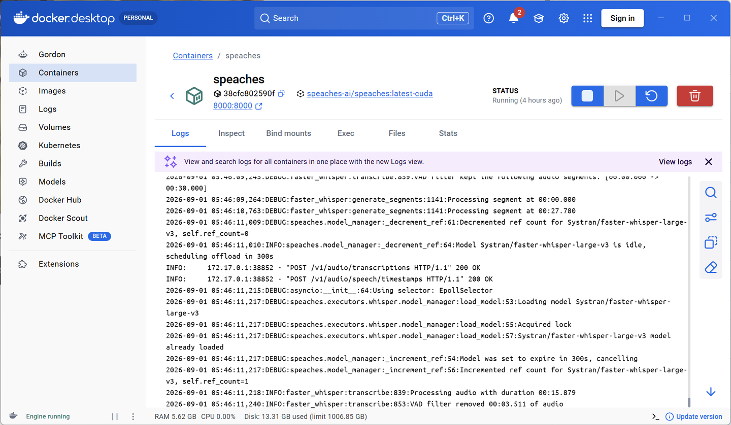 Docker Desktop 中运行的 Speaches ASR 服务