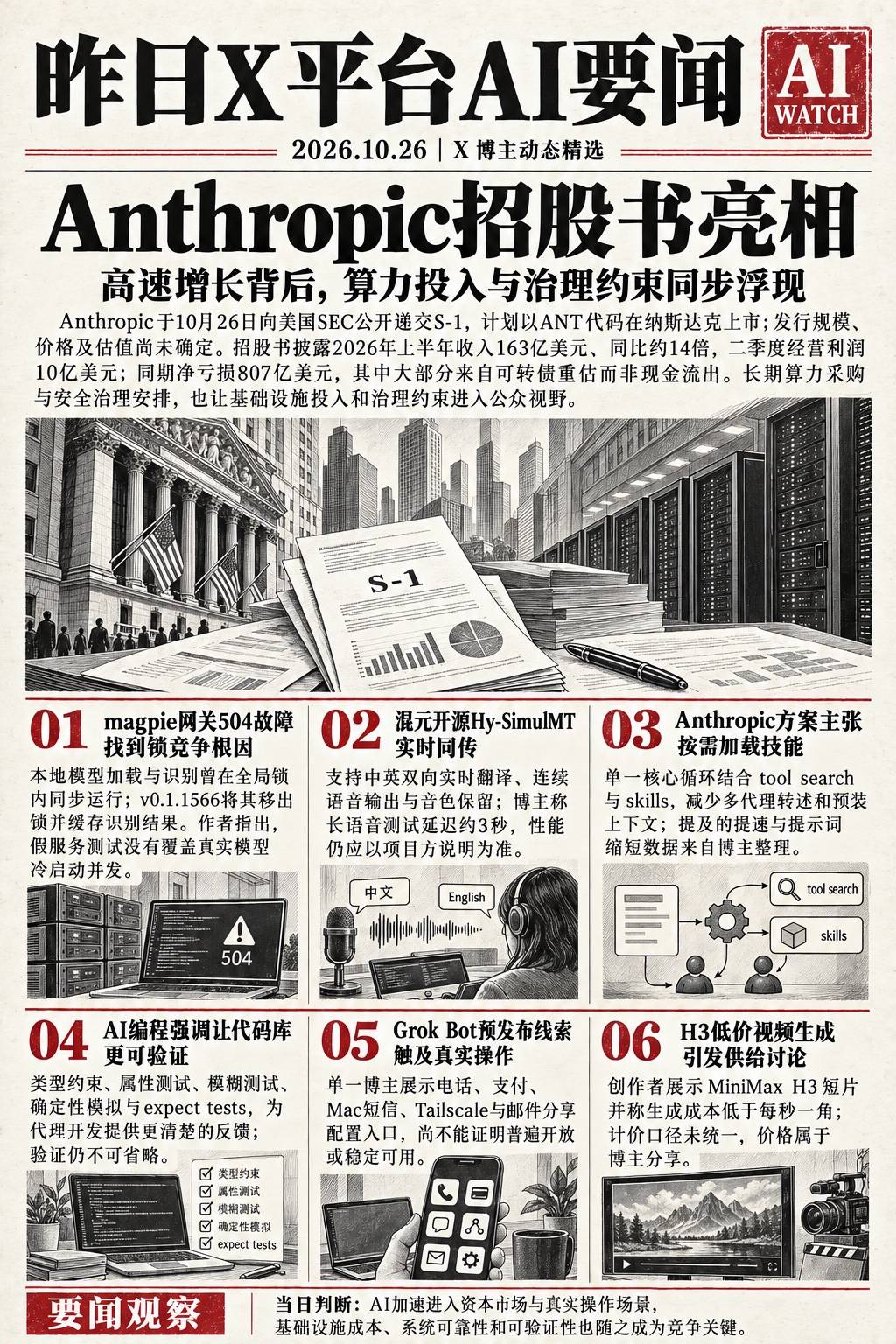 X 平台 10月26日 AI 简讯｜Anthropic公开递交IPO招股书，magpie网关故障定位并修复，腾讯混元开源实时同传模型